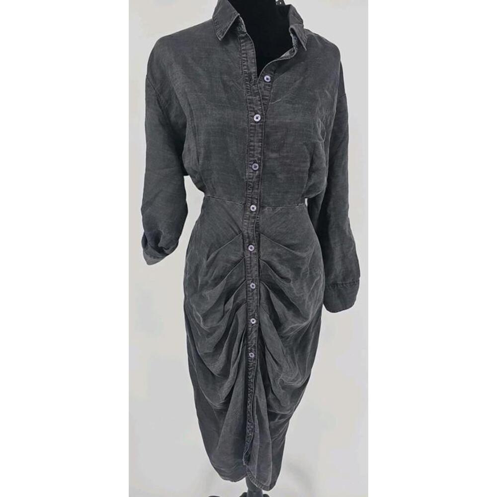 Venus Shirt Midi Dress 8 Gray Wash Ruched Front Belted